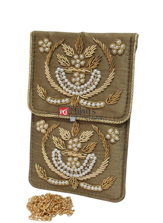MILAN'S CREATION Exclusive Mobile Pouch Zardozi Hand Embroidery With Waist Clip Hook & Sling Chain (removable) | Ladies Women’s Handbag Wallet Sling Purse | Party Wedding Festival Giveaways Gift | (Antique Gold) - Image 3